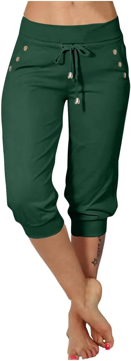 Capri Pants for Women High Waist Drawstring Comfy Pants Joggers Stretch Lightweigh Pant Cropped Beach Trousers