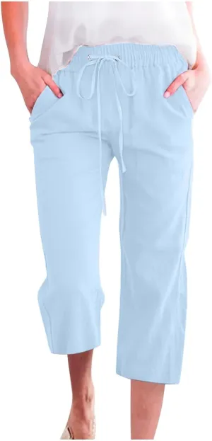 Capri Pants for Women High Waist Linen Casual Pant 2025 Summer Drawstring Elastic Wide Leg Plus Size Lounge Trouser