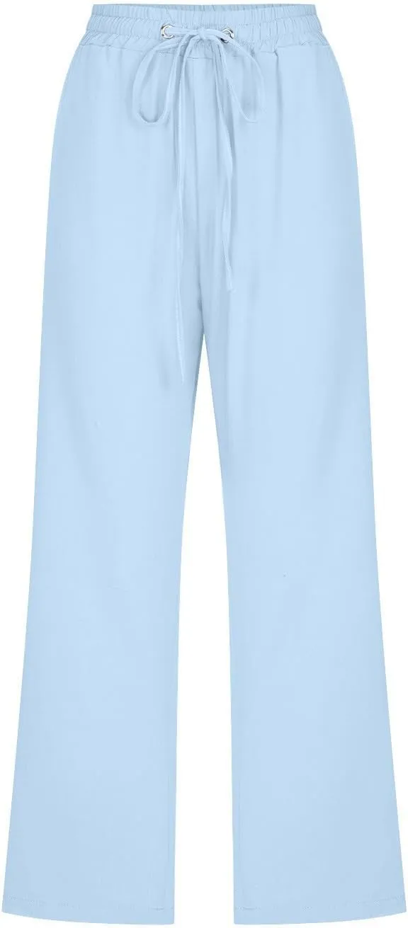 Capri Pants for Women High Waist Linen Casual Pant 2025 Summer Drawstring Elastic Wide Leg Plus Size Lounge Trouser