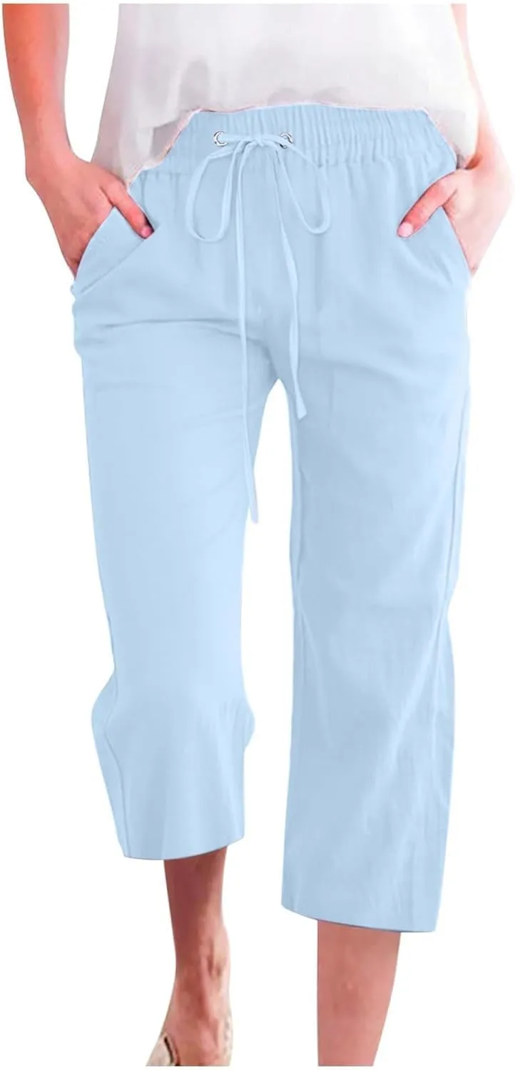 Capri Pants for Women High Waist Linen Casual Pant 2025 Summer Drawstring Elastic Wide Leg Plus Size Lounge Trouser