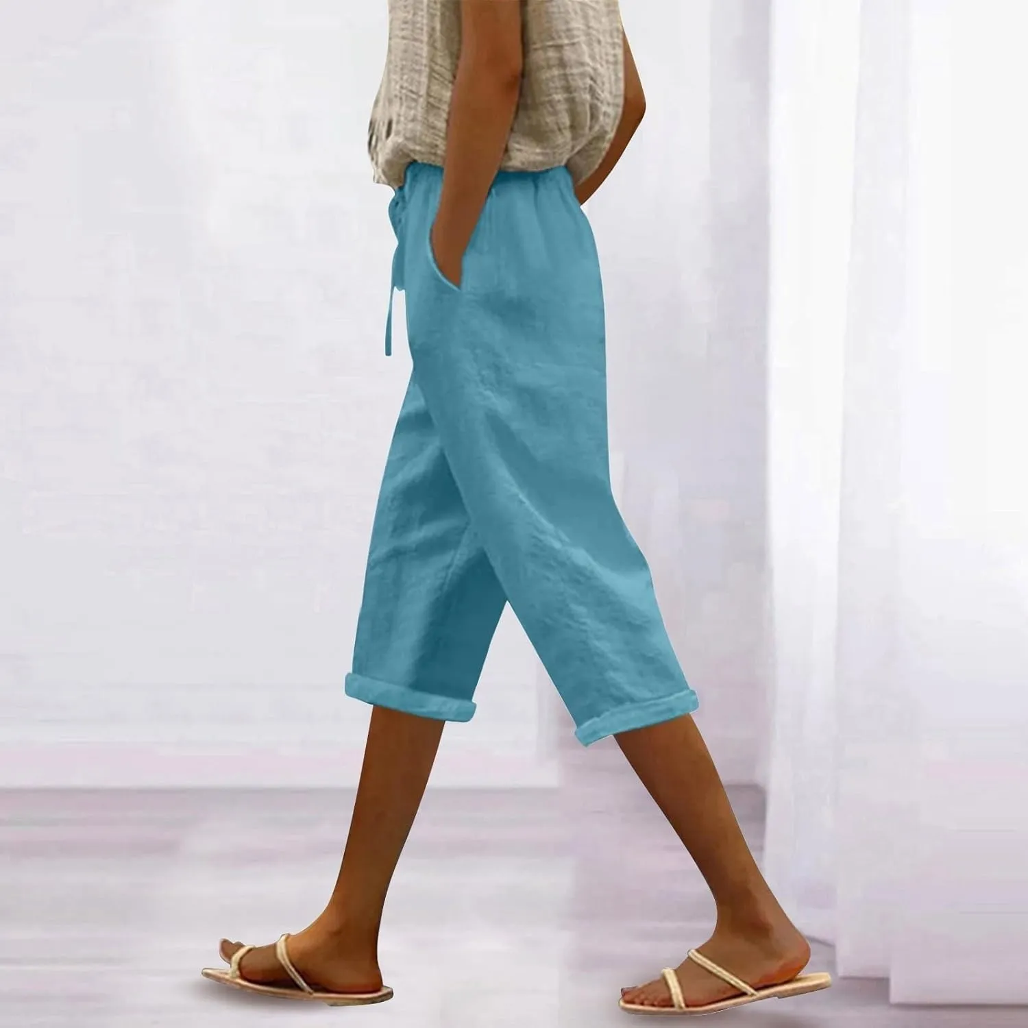 Capri Pants for Women Summer High Waist Elastic Capri Pants Straight Leg Lounge Pant Casual Loose Beach Trousers