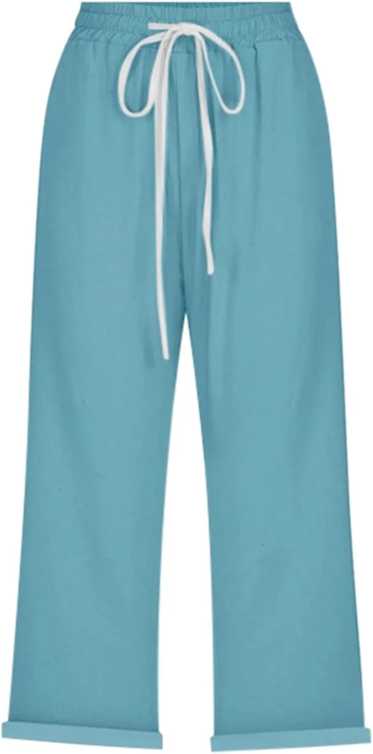 Capri Pants for Women Summer High Waist Elastic Capri Pants Straight Leg Lounge Pant Casual Loose Beach Trousers