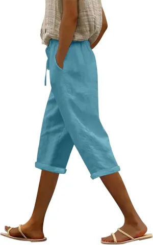 Capri Pants for Women Summer High Waist Elastic Capri Pants Straight Leg Lounge Pant Casual Loose Beach Trousers