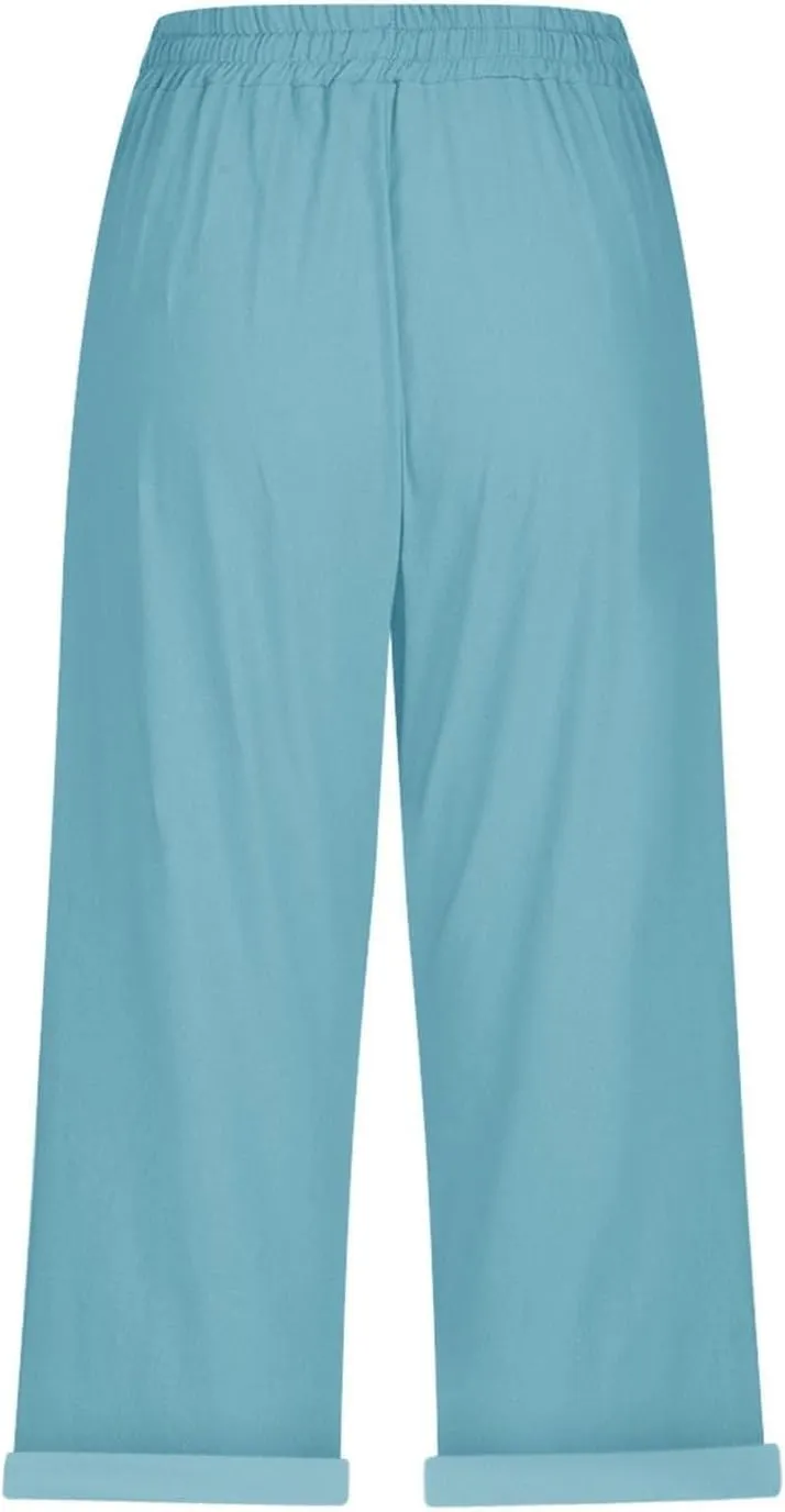Capri Pants for Women Summer High Waist Elastic Capri Pants Straight Leg Lounge Pant Casual Loose Beach Trousers