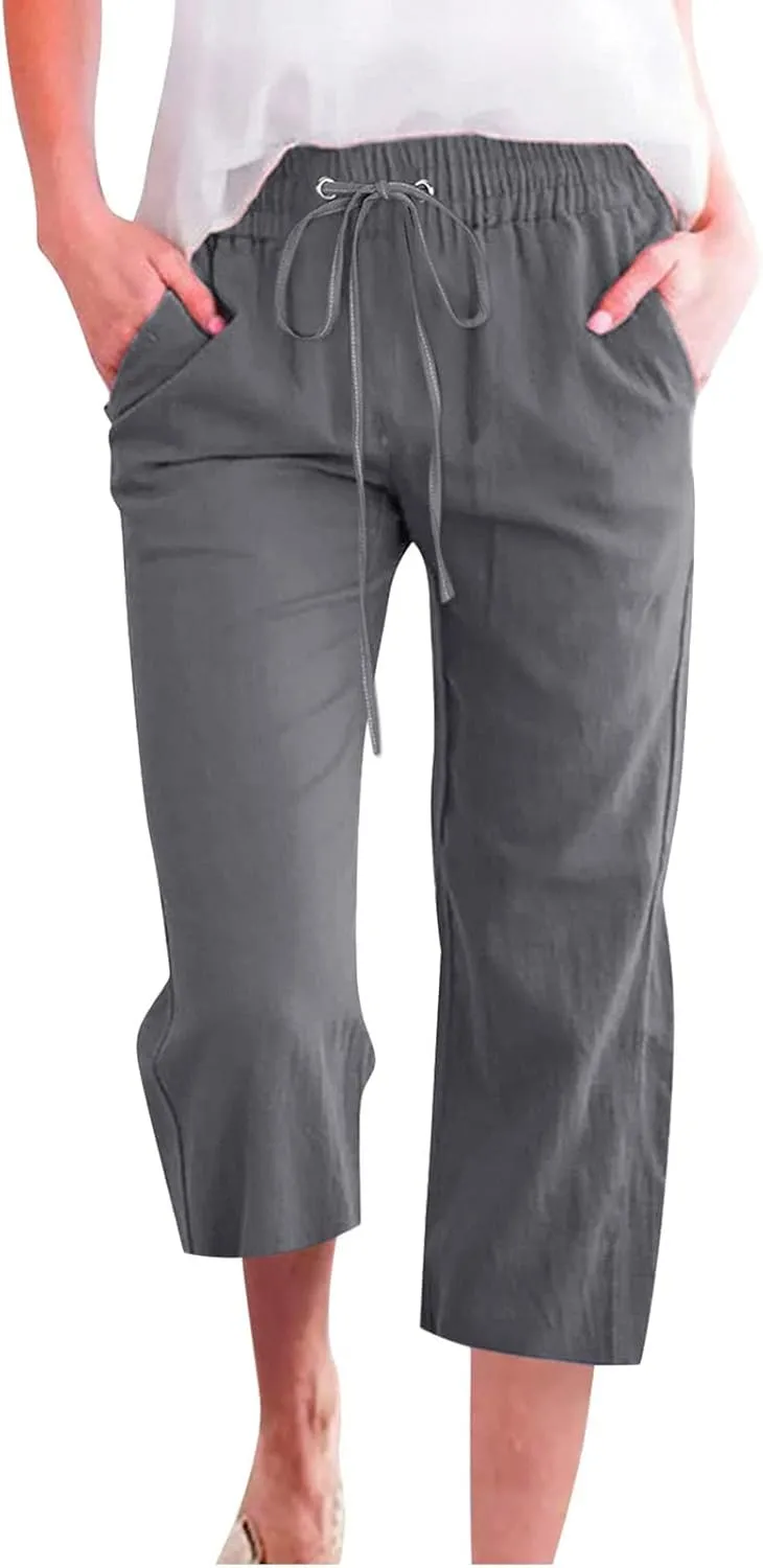 Capri Wide Leg Pants for Women Summer Lightweight Cotton Linen Pant Drawstring Elastic High Waist Casual Trousers