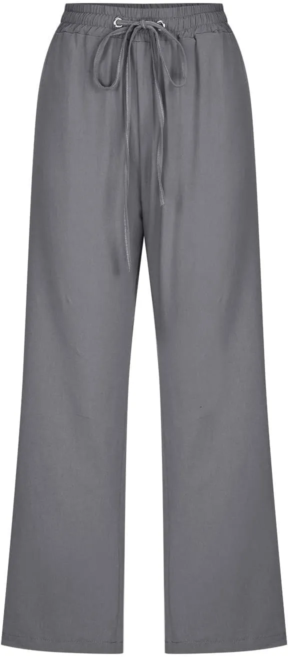 Capri Wide Leg Pants for Women Summer Lightweight Cotton Linen Pant Drawstring Elastic High Waist Casual Trousers