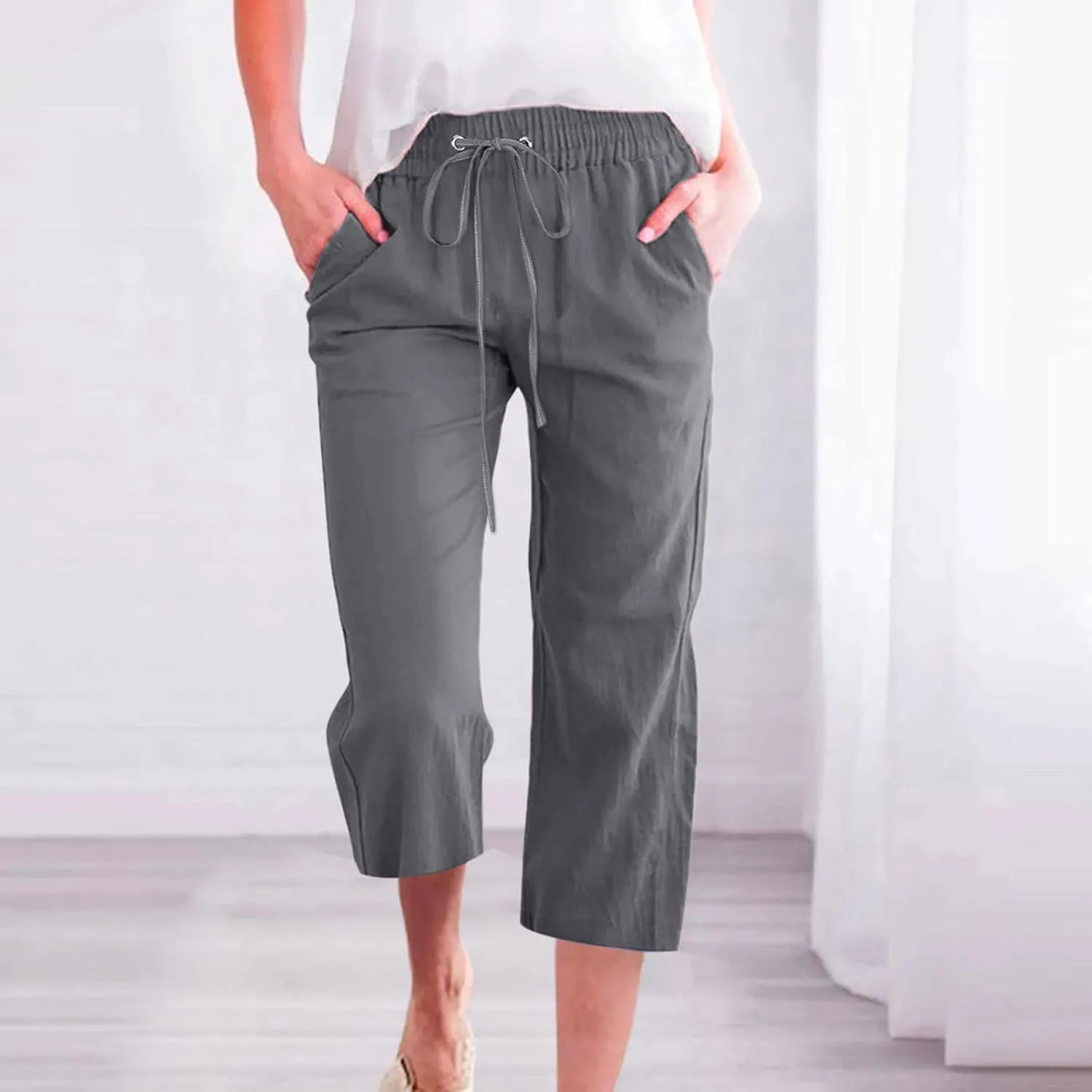 Capri Wide Leg Pants for Women Summer Lightweight Cotton Linen Pant Drawstring Elastic High Waist Casual Trousers