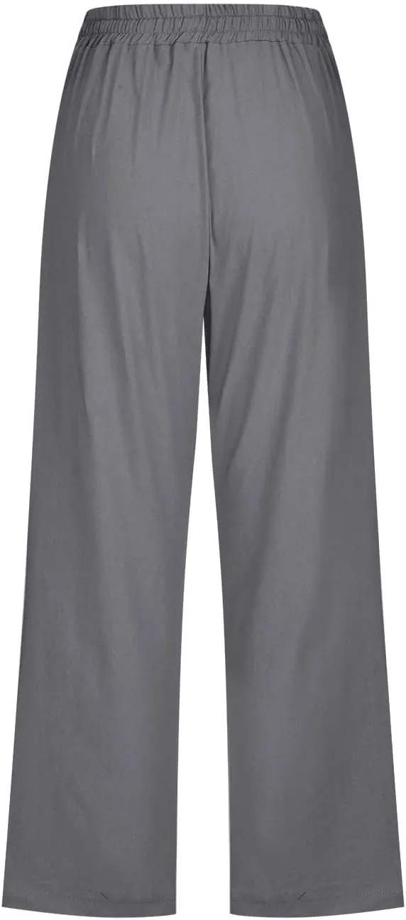 Capri Wide Leg Pants for Women Summer Lightweight Cotton Linen Pant Drawstring Elastic High Waist Casual Trousers