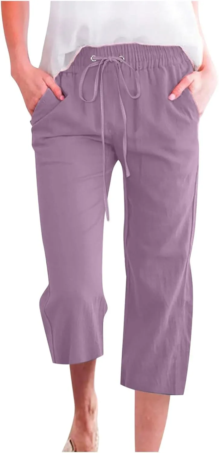 Capris Pants for Women 2025 Cotton Linen Summer Plus Size Capri High Waist Elastic Straight Leg Beach Cropped Pants