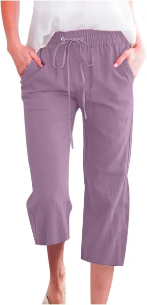 Capris Pants for Women 2025 Cotton Linen Summer Plus Size Capri High Waist Elastic Straight Leg Beach Cropped Pants