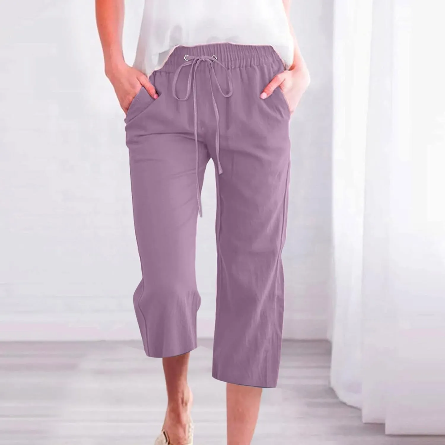 Capris Pants for Women 2025 Cotton Linen Summer Plus Size Capri High Waist Elastic Straight Leg Beach Cropped Pants