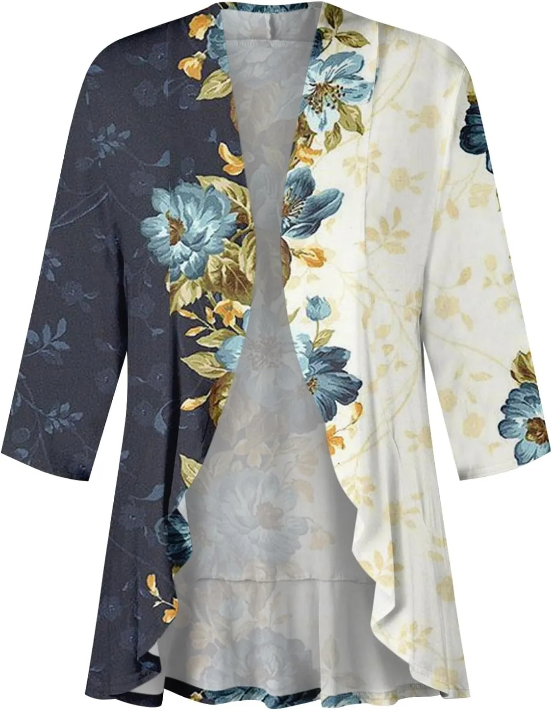 Cardigan for Women Draped Ruffles Printed Casual Tops 3/4 Sleeves Lightweight Open Front Shirts