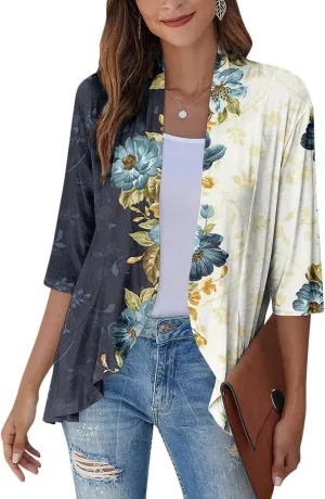 Cardigan for Women Draped Ruffles Printed Casual Tops 3/4 Sleeves Lightweight Open Front Shirts