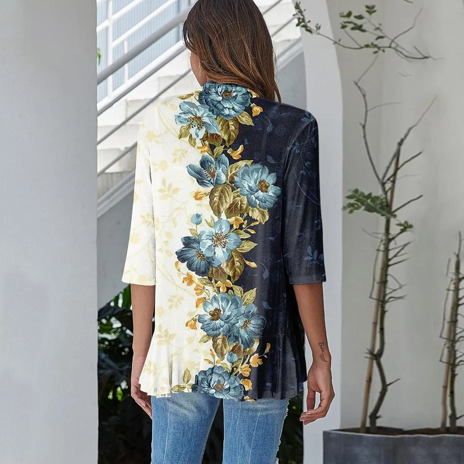 Cardigan for Women Draped Ruffles Printed Casual Tops 3/4 Sleeves Lightweight Open Front Shirts