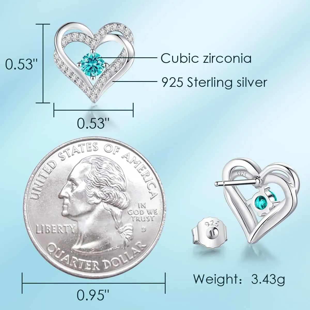 CDE Forever Love Heart Stud Earrings for Women, 925 Sterling Silver Birthstone Heart Stud Earrings Mother's Day Gift Anniversary Birthday Jewelry Gifts for Women Wife Her