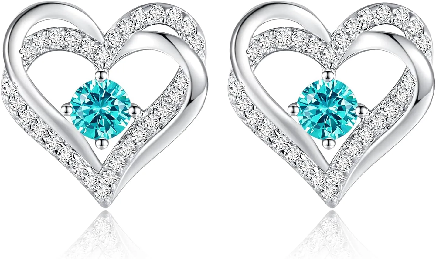 CDE Forever Love Heart Stud Earrings for Women, 925 Sterling Silver Birthstone Heart Stud Earrings Mother's Day Gift Anniversary Birthday Jewelry Gifts for Women Wife Her