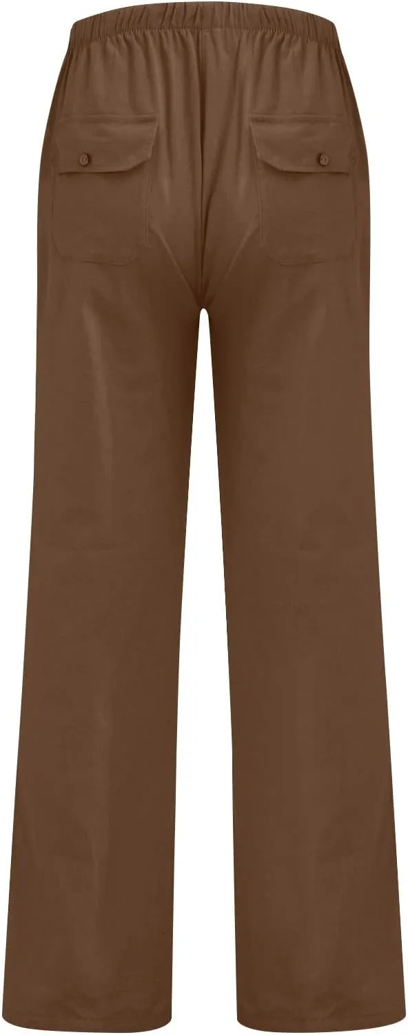 Cdiecer Mens Linen Pants Elastic Drawstring Waist Straight-Legs Pants Summer Beach Long Pants Lightweight Yoga Pants