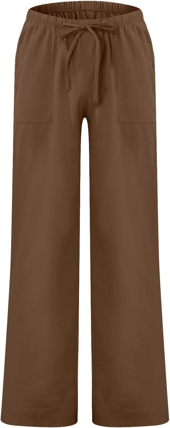 Cdiecer Mens Linen Pants Elastic Drawstring Waist Straight-Legs Pants Summer Beach Long Pants Lightweight Yoga Pants