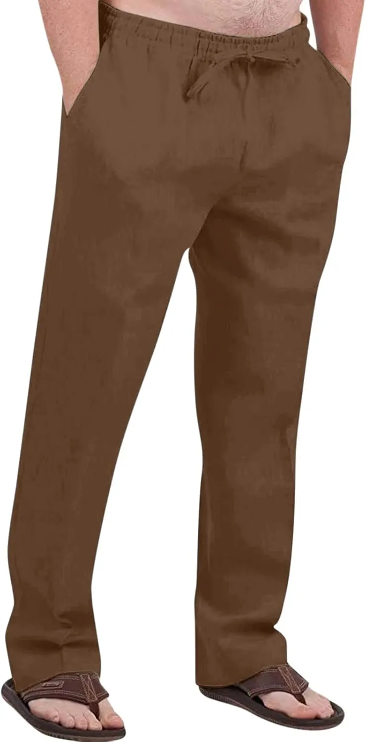 Cdiecer Mens Linen Pants Elastic Drawstring Waist Straight-Legs Pants Summer Beach Long Pants Lightweight Yoga Pants