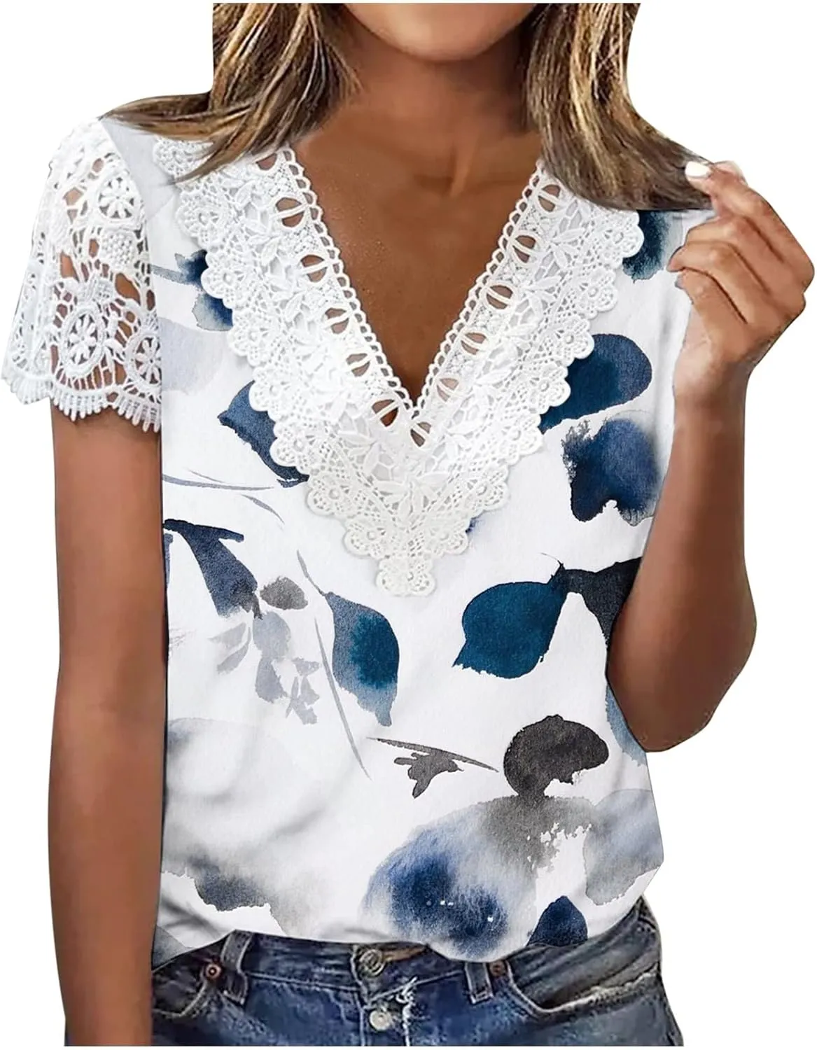 Ceboyel Women Guipure Lace Trim Boho Tops Floral Print Casual T Shirts Short Sleeve V Neck Dressy Blouse Going Out Clothing