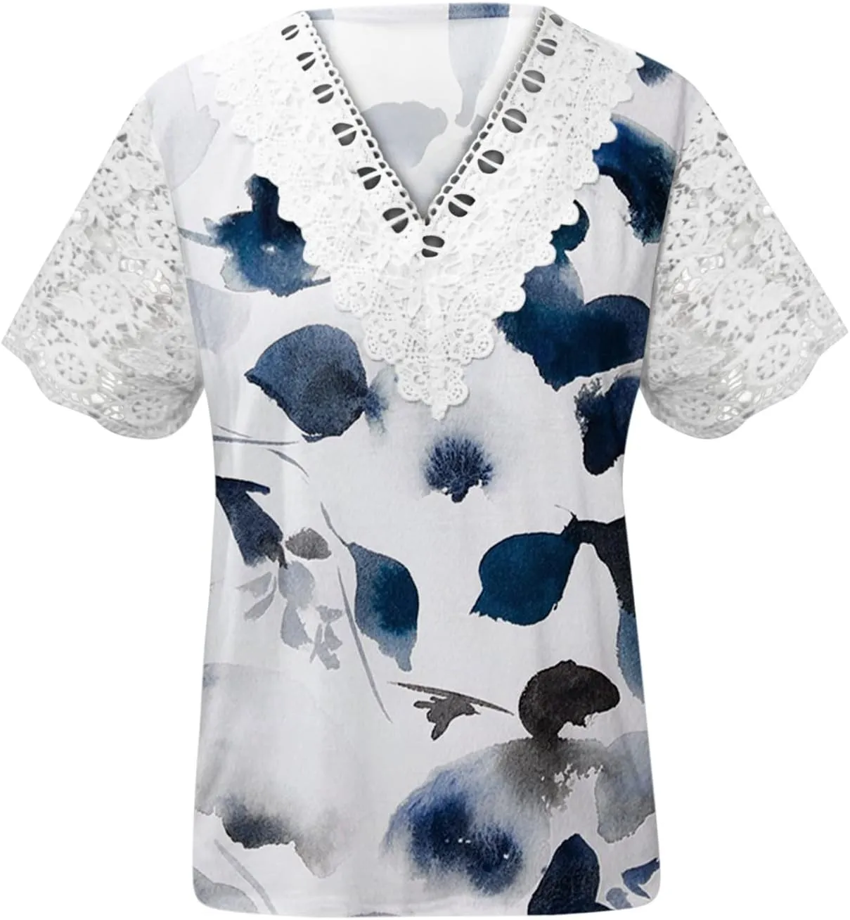 Ceboyel Women Guipure Lace Trim Boho Tops Floral Print Casual T Shirts Short Sleeve V Neck Dressy Blouse Going Out Clothing
