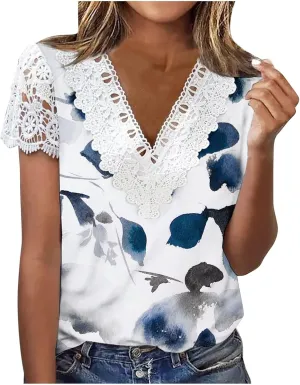 Ceboyel Women Guipure Lace Trim Boho Tops Floral Print Casual T Shirts Short Sleeve V Neck Dressy Blouse Going Out Clothing