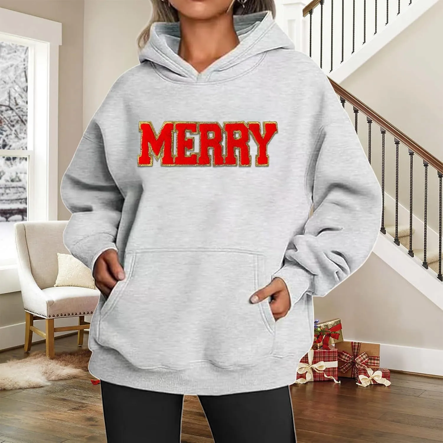 Christmas Sweatshirts for Women 2024 Merry Letter Shirt Oversized Long Sleeve Hoodie Pullover Sweatshirt Xmas Tops