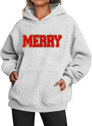 Christmas Sweatshirts for Women 2024 Merry Letter Shirt Oversized Long Sleeve Hoodie Pullover Sweatshirt Xmas Tops