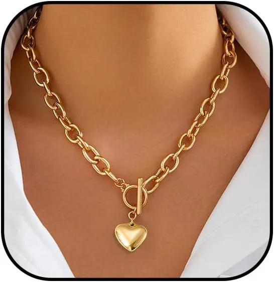 Chunky Gold Heart Necklaces for Women Gold Chunky Cross Necklace Dainty Gold Coin Sun Pendant Necklace Puffy Heart Necklace Cuban Link Necklace OT Buckle Necklace Metal Disc Charm Necklace Gold Statement Jewelry