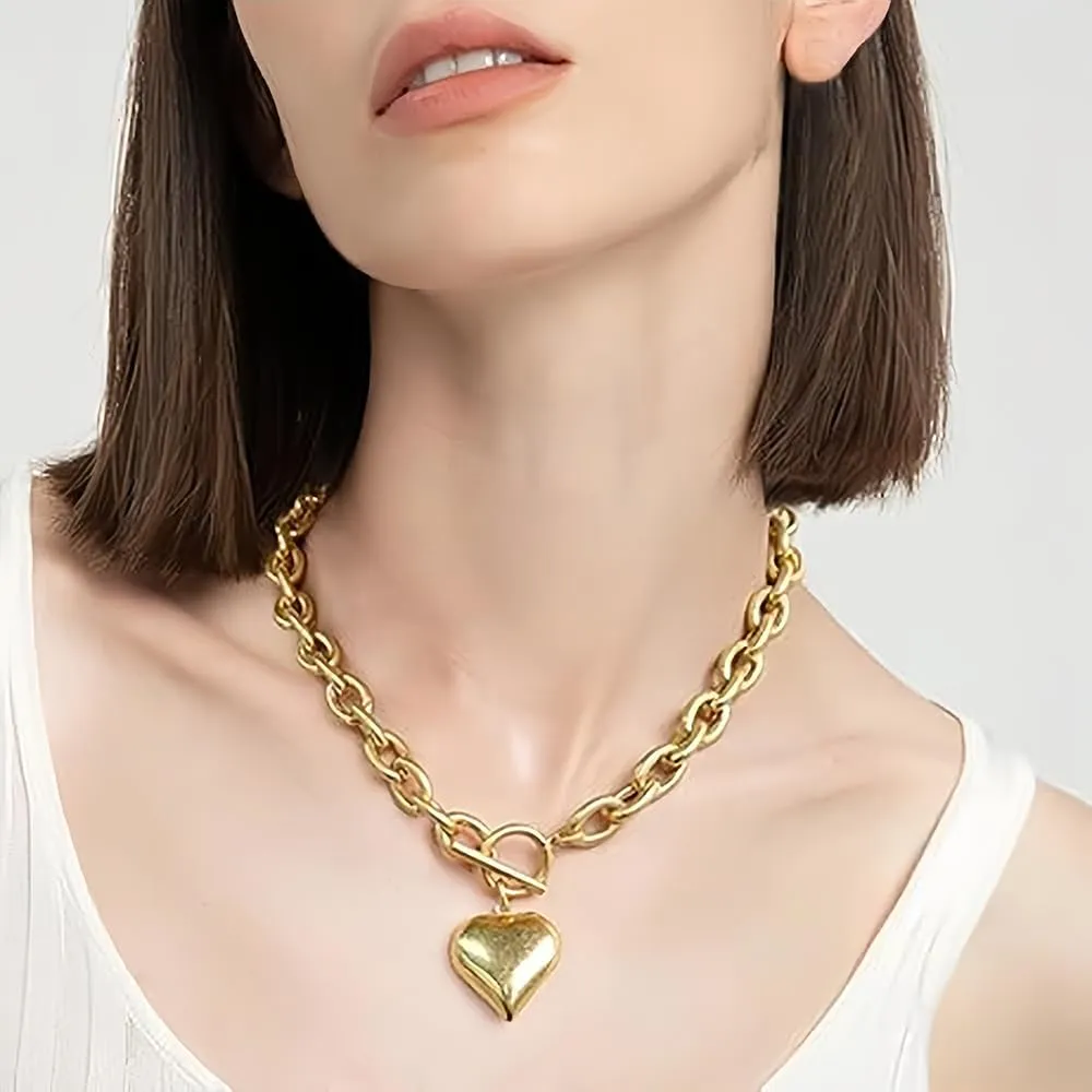 Chunky Gold Heart Necklaces for Women Gold Chunky Cross Necklace Dainty Gold Coin Sun Pendant Necklace Puffy Heart Necklace Cuban Link Necklace OT Buckle Necklace Metal Disc Charm Necklace Gold Statement Jewelry