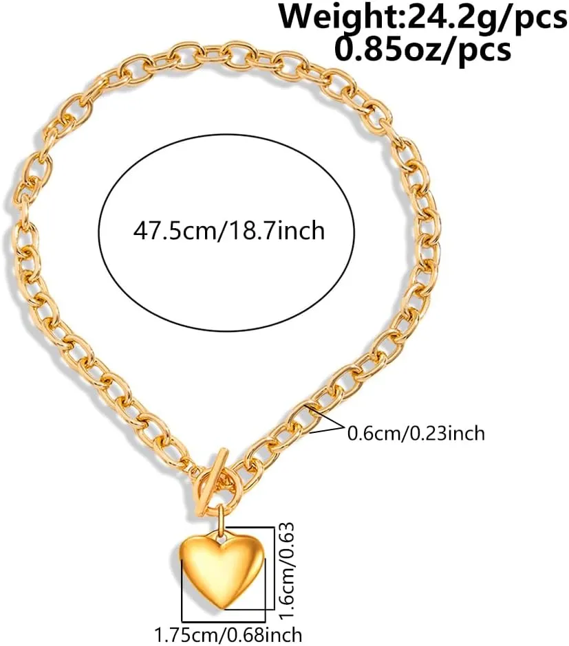 Chunky Gold Heart Necklaces for Women Gold Chunky Cross Necklace Dainty Gold Coin Sun Pendant Necklace Puffy Heart Necklace Cuban Link Necklace OT Buckle Necklace Metal Disc Charm Necklace Gold Statement Jewelry