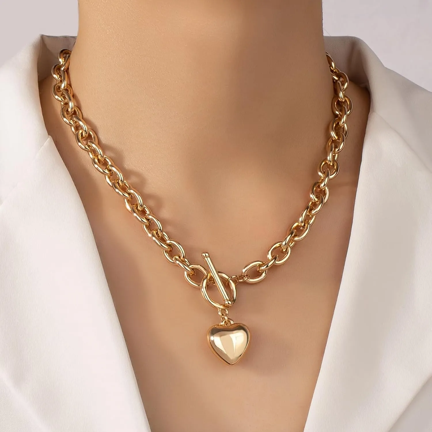 Chunky Gold Heart Necklaces for Women Gold Chunky Cross Necklace Dainty Gold Coin Sun Pendant Necklace Puffy Heart Necklace Cuban Link Necklace OT Buckle Necklace Metal Disc Charm Necklace Gold Statement Jewelry