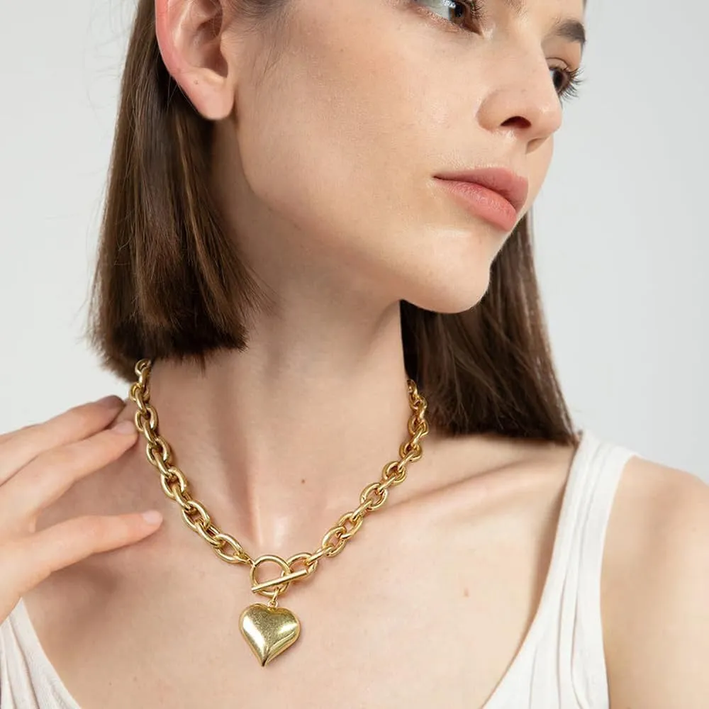 Chunky Gold Heart Necklaces for Women Gold Chunky Cross Necklace Dainty Gold Coin Sun Pendant Necklace Puffy Heart Necklace Cuban Link Necklace OT Buckle Necklace Metal Disc Charm Necklace Gold Statement Jewelry