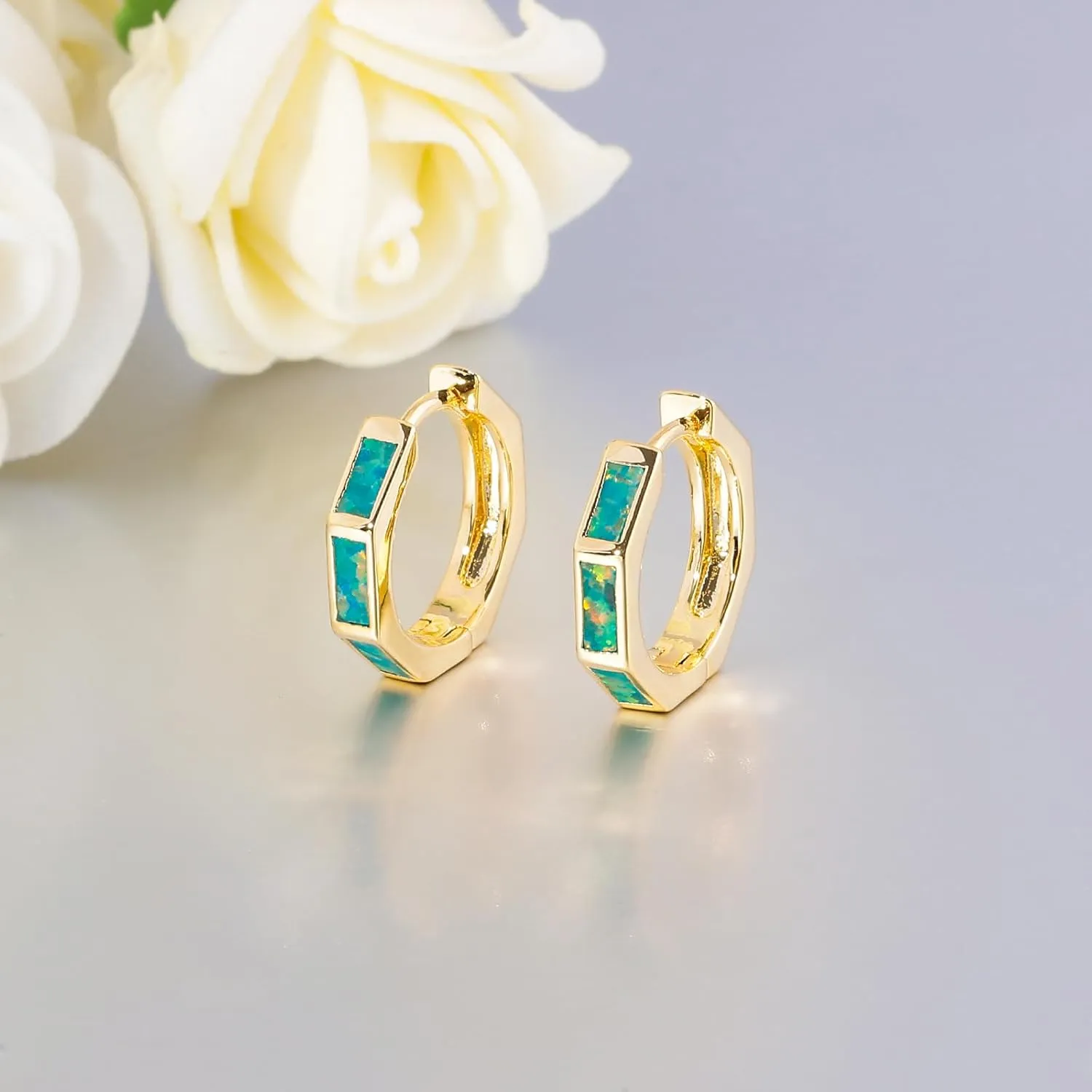 CiNily Opal Hoop Earrings for Women, Hexagon Huggie Earrings 14K White/Black/Gold Plated Hypoallergenic | Mini Hoop Earrings | Small Hoops for Sensitive Ear Christmas Halloween Jewelry Gifts