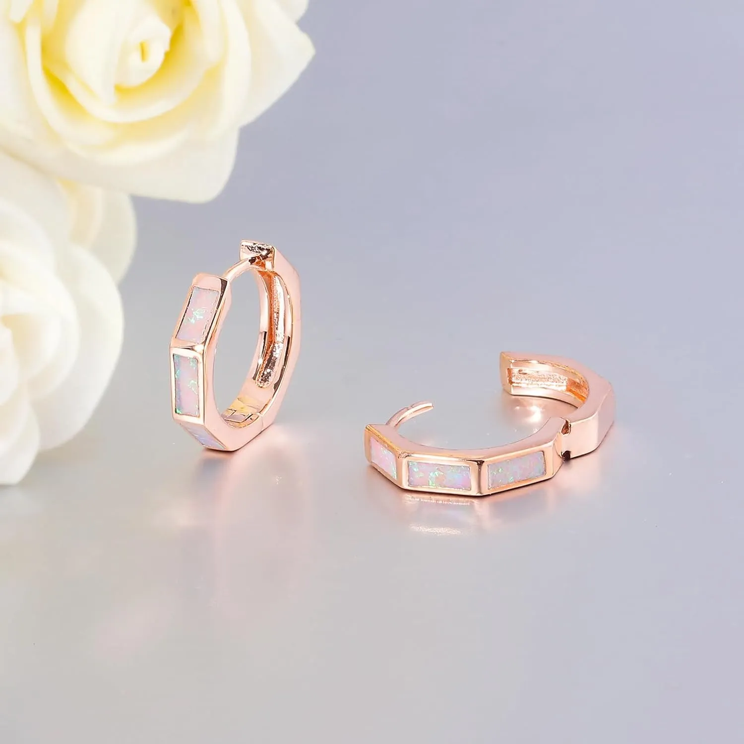 CiNily Opal Hoop Earrings for Women, Hexagon Huggie Earrings 14K White/Black/Gold Plated Hypoallergenic | Mini Hoop Earrings | Small Hoops for Sensitive Ear Christmas Halloween Jewelry Gifts