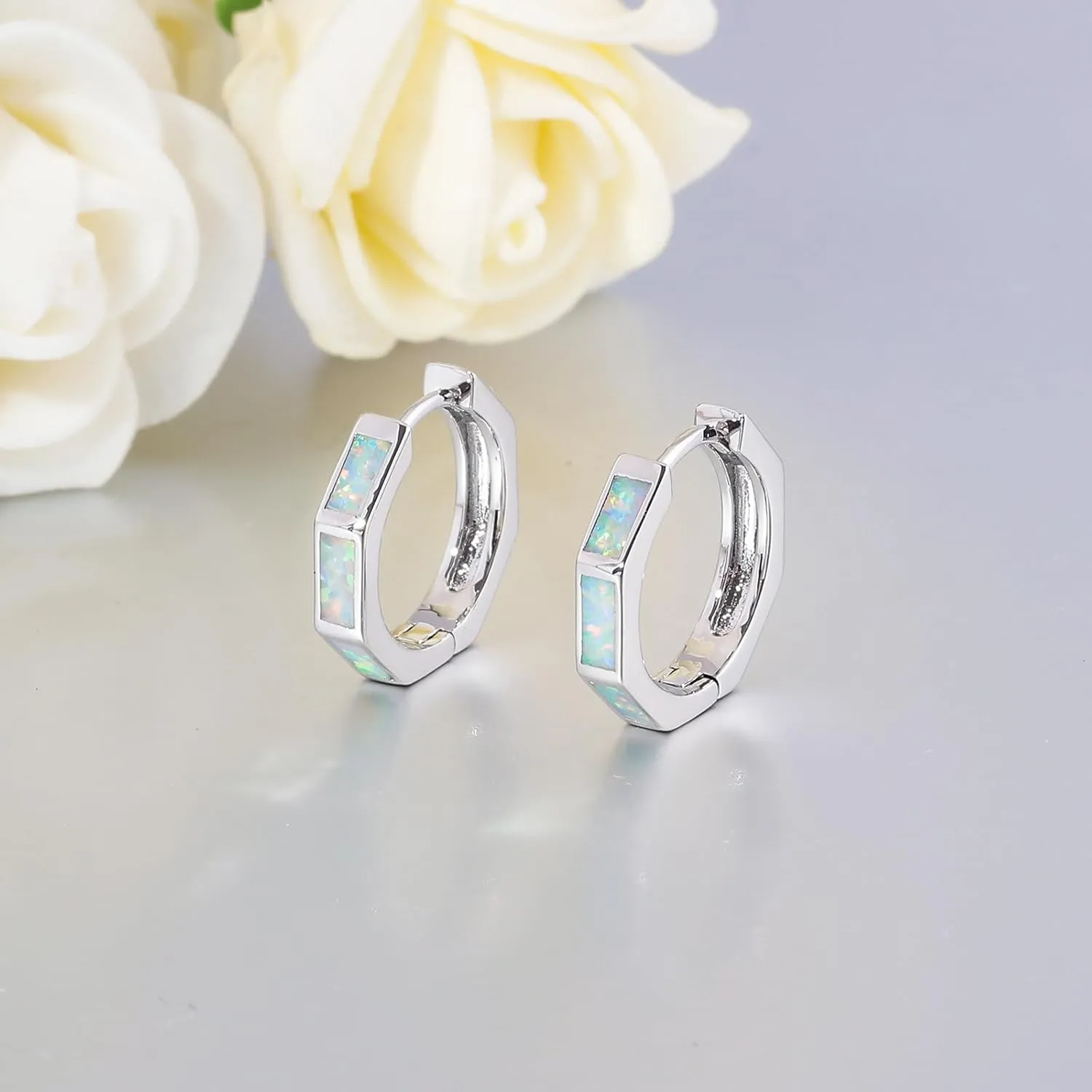 CiNily Opal Hoop Earrings for Women, Hexagon Huggie Earrings 14K White/Black/Gold Plated Hypoallergenic | Mini Hoop Earrings | Small Hoops for Sensitive Ear Christmas Halloween Jewelry Gifts