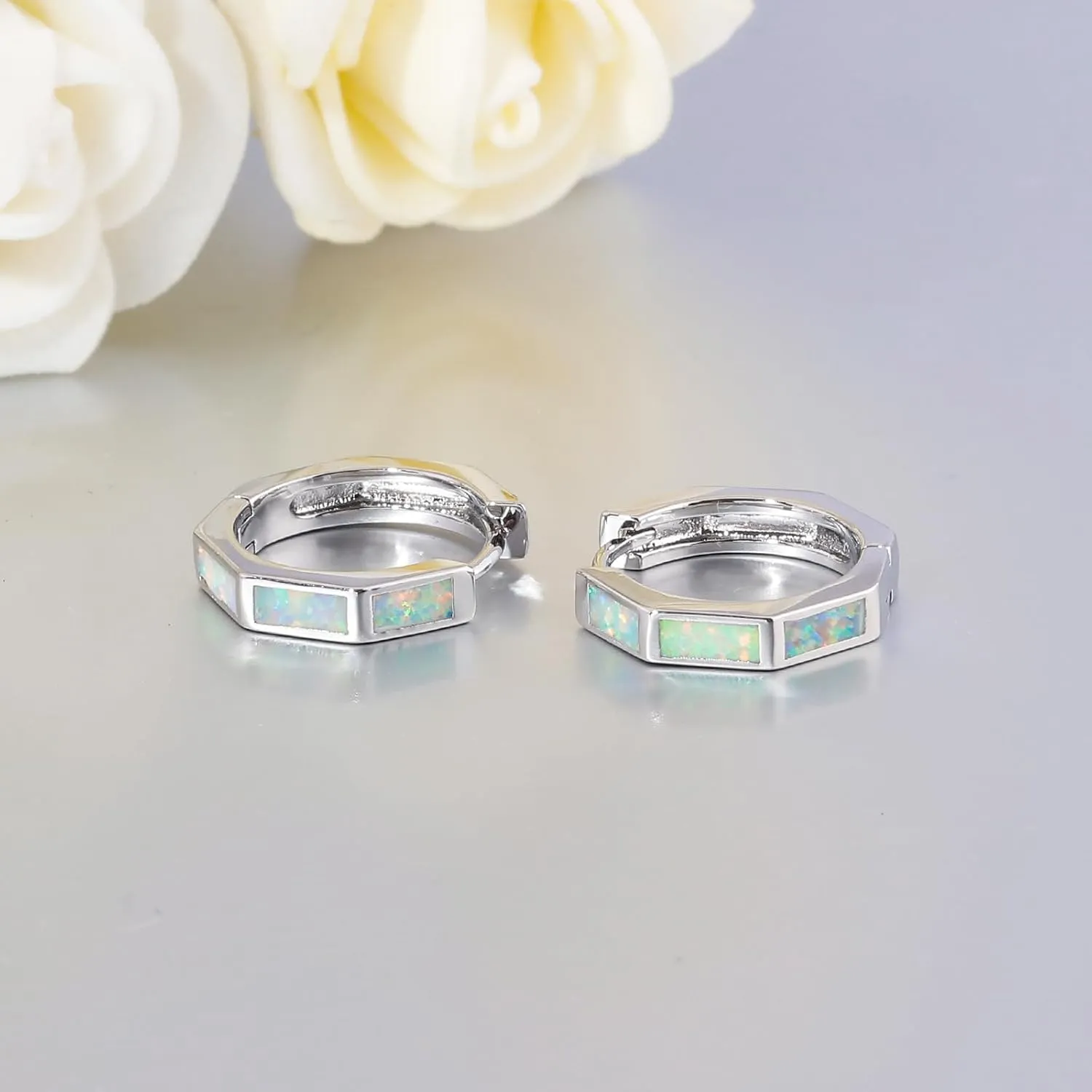 CiNily Opal Hoop Earrings for Women, Hexagon Huggie Earrings 14K White/Black/Gold Plated Hypoallergenic | Mini Hoop Earrings | Small Hoops for Sensitive Ear Christmas Halloween Jewelry Gifts