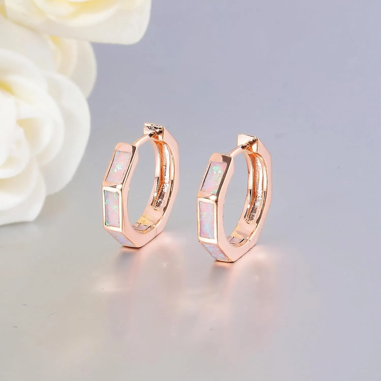 CiNily Opal Hoop Earrings for Women, Hexagon Huggie Earrings 14K White/Black/Gold Plated Hypoallergenic | Mini Hoop Earrings | Small Hoops for Sensitive Ear Christmas Halloween Jewelry Gifts