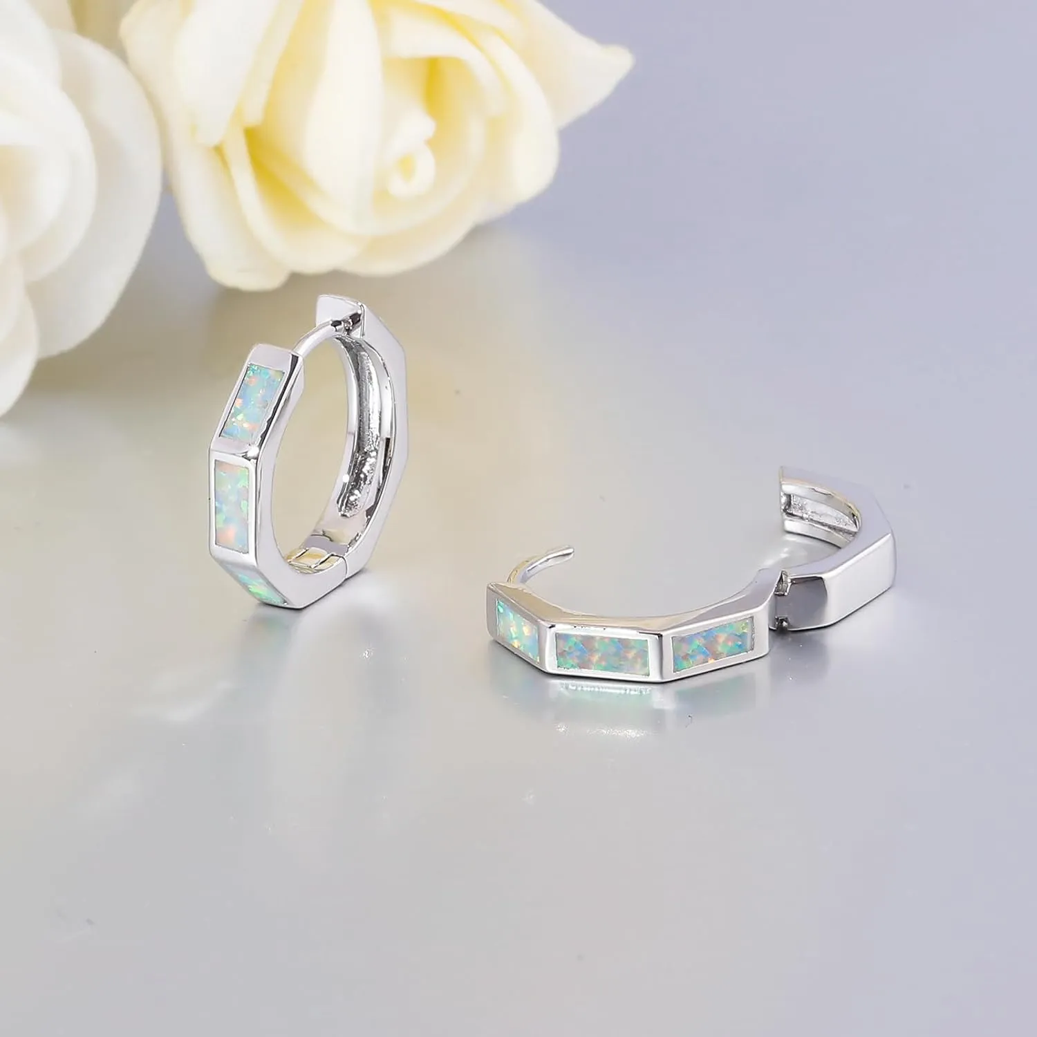 CiNily Opal Hoop Earrings for Women, Hexagon Huggie Earrings 14K White/Black/Gold Plated Hypoallergenic | Mini Hoop Earrings | Small Hoops for Sensitive Ear Christmas Halloween Jewelry Gifts