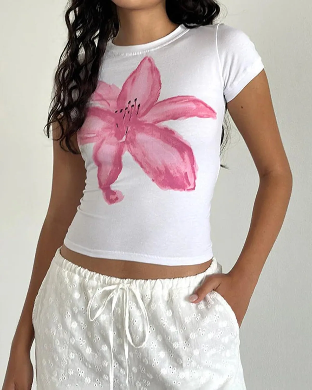 Cioatin Women Y2K Short Sleeve Flower Graphic Baby Tee Shirt Vintage Aesthetic Floral Print Summer Crop Tshirt Tops