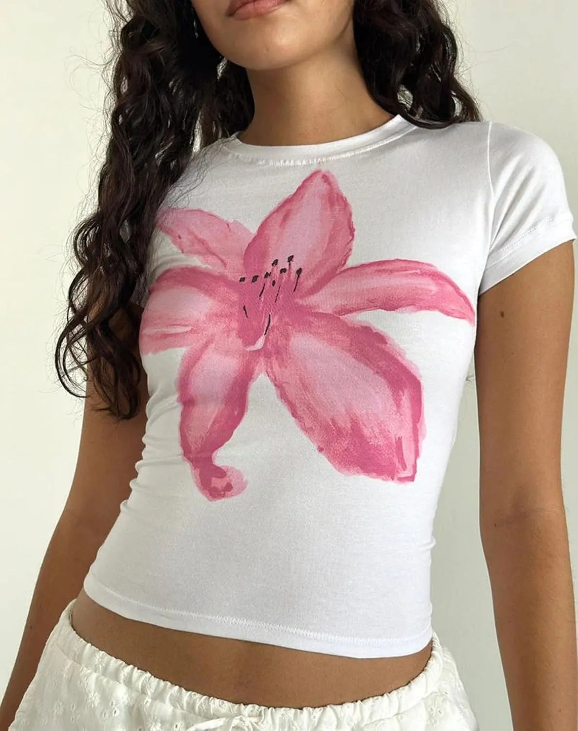 Cioatin Women Y2K Short Sleeve Flower Graphic Baby Tee Shirt Vintage Aesthetic Floral Print Summer Crop Tshirt Tops