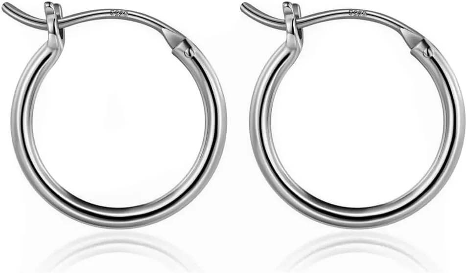 Classic Solid White Gold Plated 925 Sterling Silver Hoop Earrings for Men Women Hypoallergenic 14mm Lightweight Thin Hoops Earrings Jewelry Gifts for Men,Women