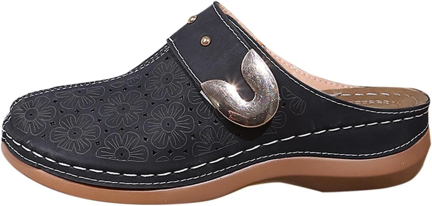Clogs for Women Mules Shoes Comfortable Arch Support Closed Toe Sandals Backless Low Wedges, Metal Buckle Slip on Sandals Hollow Out Breathable Platform Slippers