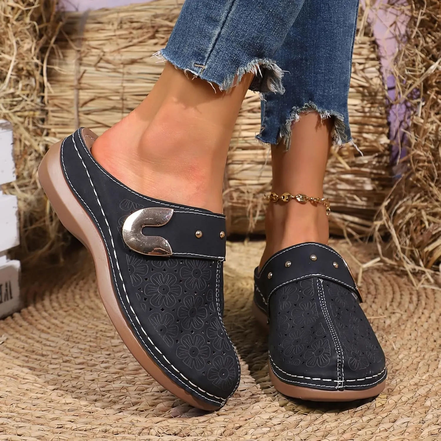 Clogs for Women Mules Shoes Comfortable Arch Support Closed Toe Sandals Backless Low Wedges, Metal Buckle Slip on Sandals Hollow Out Breathable Platform Slippers