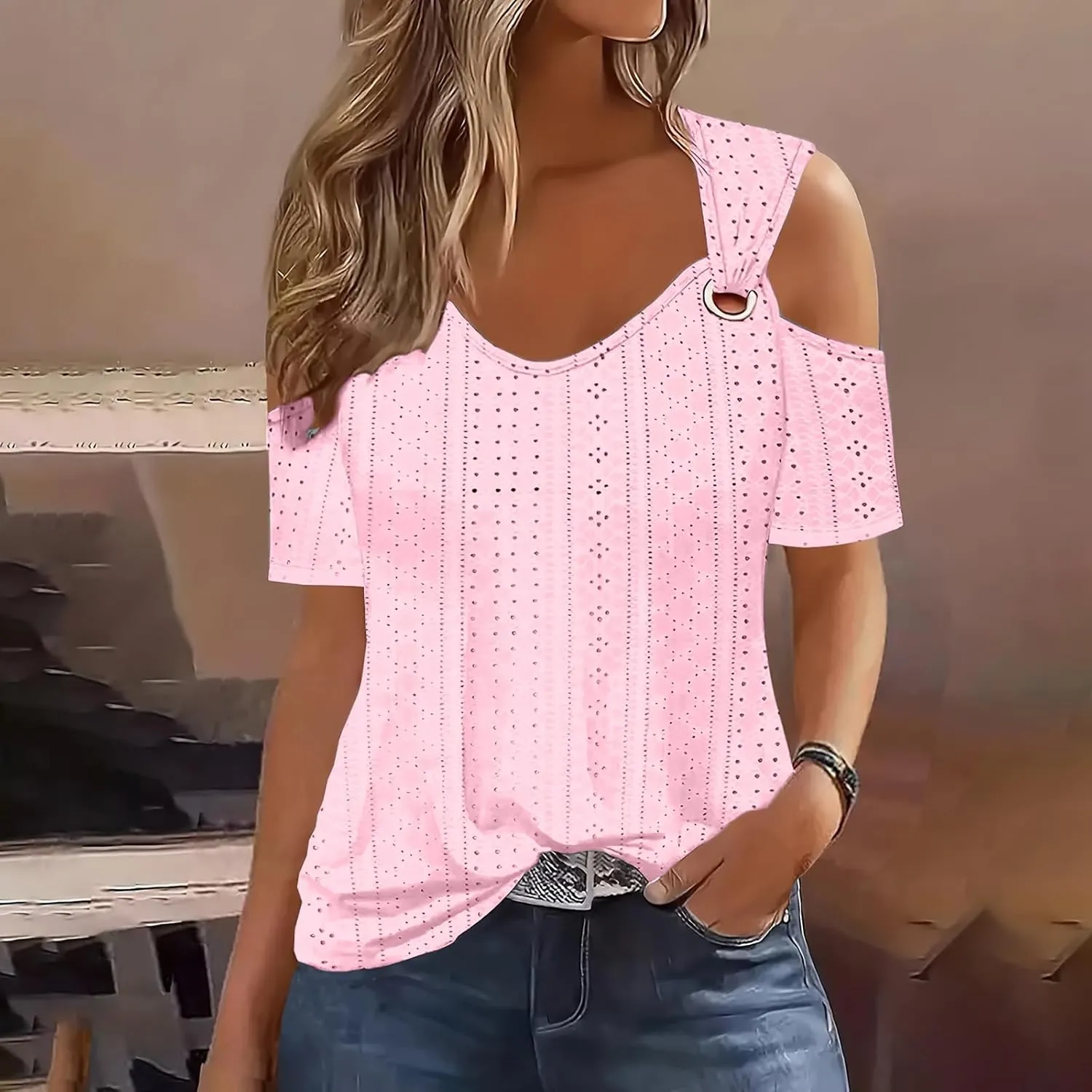 Cold Shoulder Tops for Women 2024 Casual Summer Sexy Eyelet Tunic Shirts Short Sleeve V Neck Boho Blouses