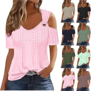 Cold Shoulder Tops for Women 2024 Casual Summer Sexy Eyelet Tunic Shirts Short Sleeve V Neck Boho Blouses