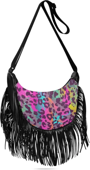 Colorful Animal Print Fringe Bag for Women Cross Body Bag Tassel Shoulder Bag Satchel