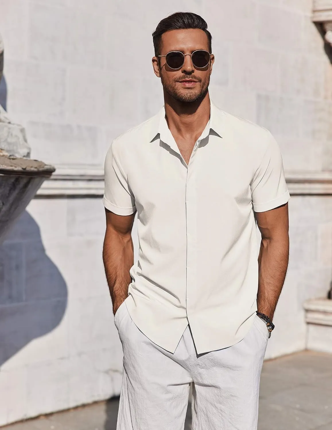 COOFANDY Mens Button Down Shirts Short Sleeve Casual Summer Beach Shirts for Men Vacation Wedding Linen Shirt