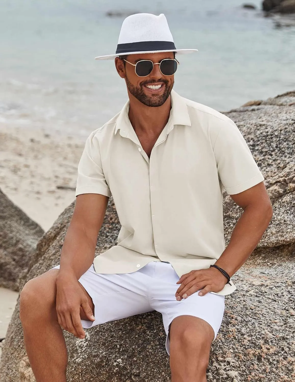 COOFANDY Mens Button Down Shirts Short Sleeve Casual Summer Beach Shirts for Men Vacation Wedding Linen Shirt