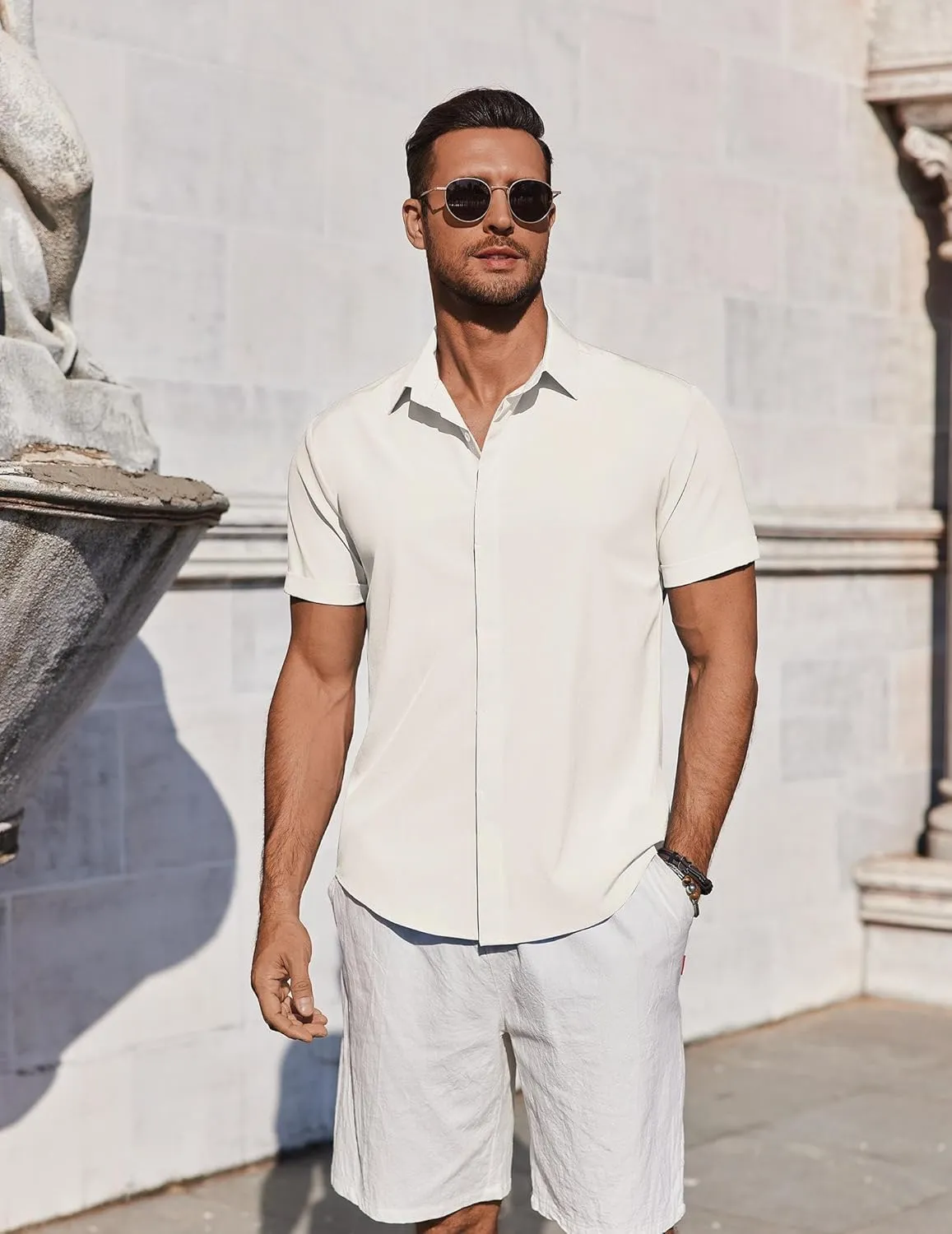 COOFANDY Mens Button Down Shirts Short Sleeve Casual Summer Beach Shirts for Men Vacation Wedding Linen Shirt